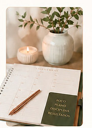 Agenda com caneta, vela e vaso de plantas