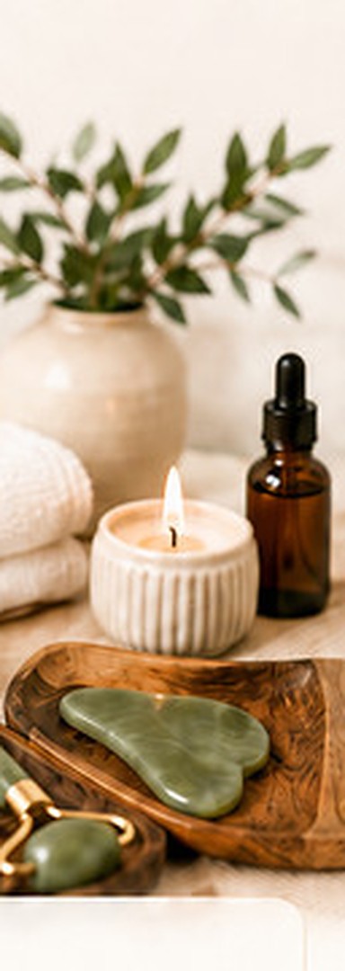 Ambiente de spa com rolo de jade, vela e óleo essencial