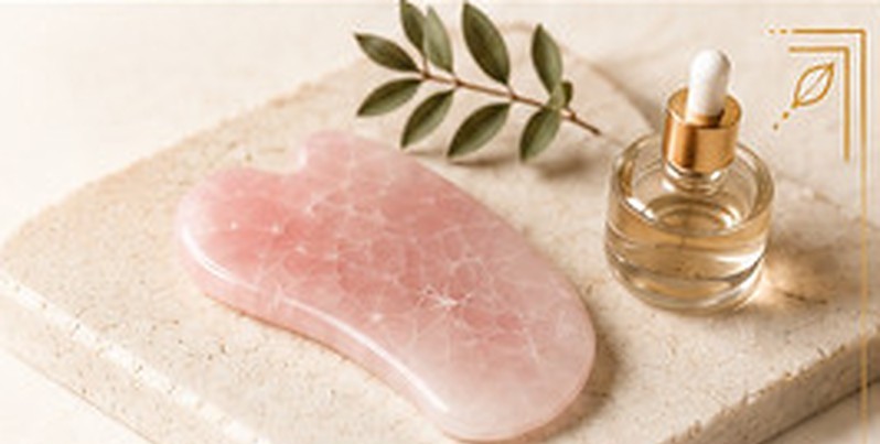 Pedra de Gua Sha de quartzo rosa com óleo deslizante sobre base de travertino