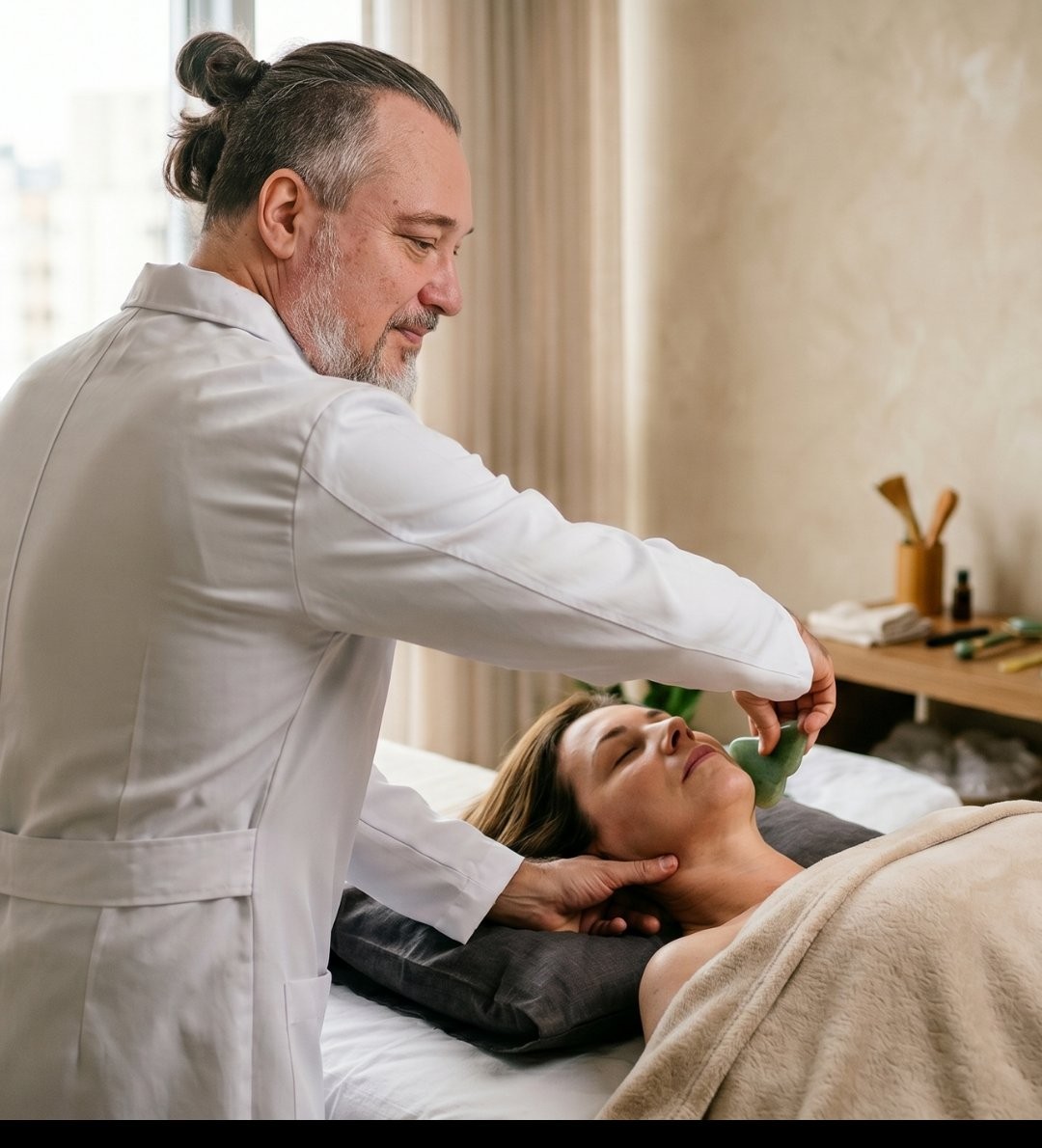 Sérgio Ribeiro aplicando o protocolo de Gua Sha em uma cliente