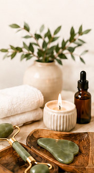 Arranjo de spa com rolo de jade, vela e toalhas