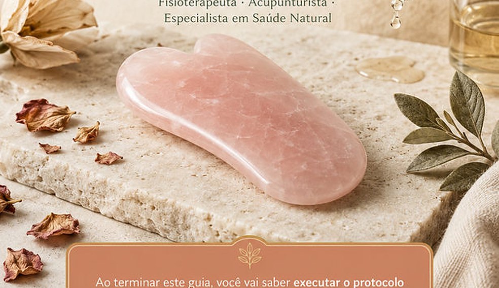 Pedra de Gua Sha de quartzo rosa sobre base de travertino